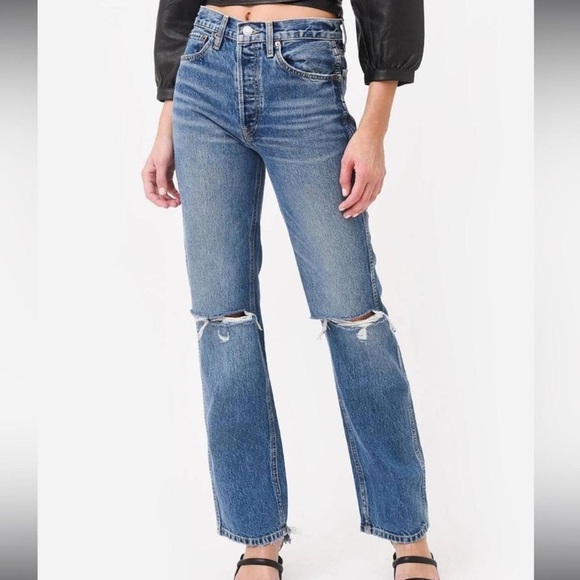 Re/Done Loose Straight Leg Destroyed Medium Blue Jean Distressed Denim Size 27 - Picture 1 of 12